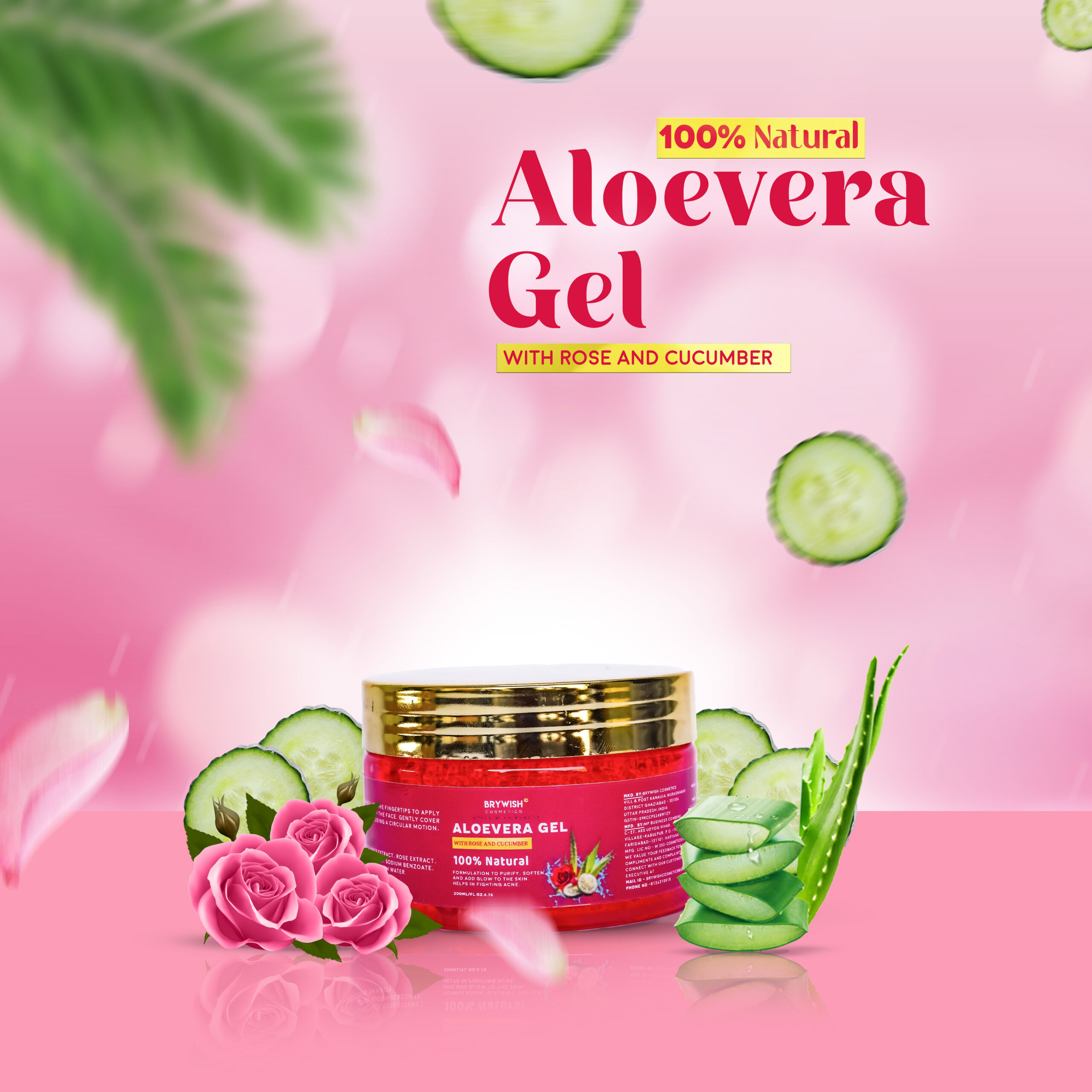 Brywish Aloevera gel with rose extracts for skin, Face, Acne scars and moisturize skin- 200ml